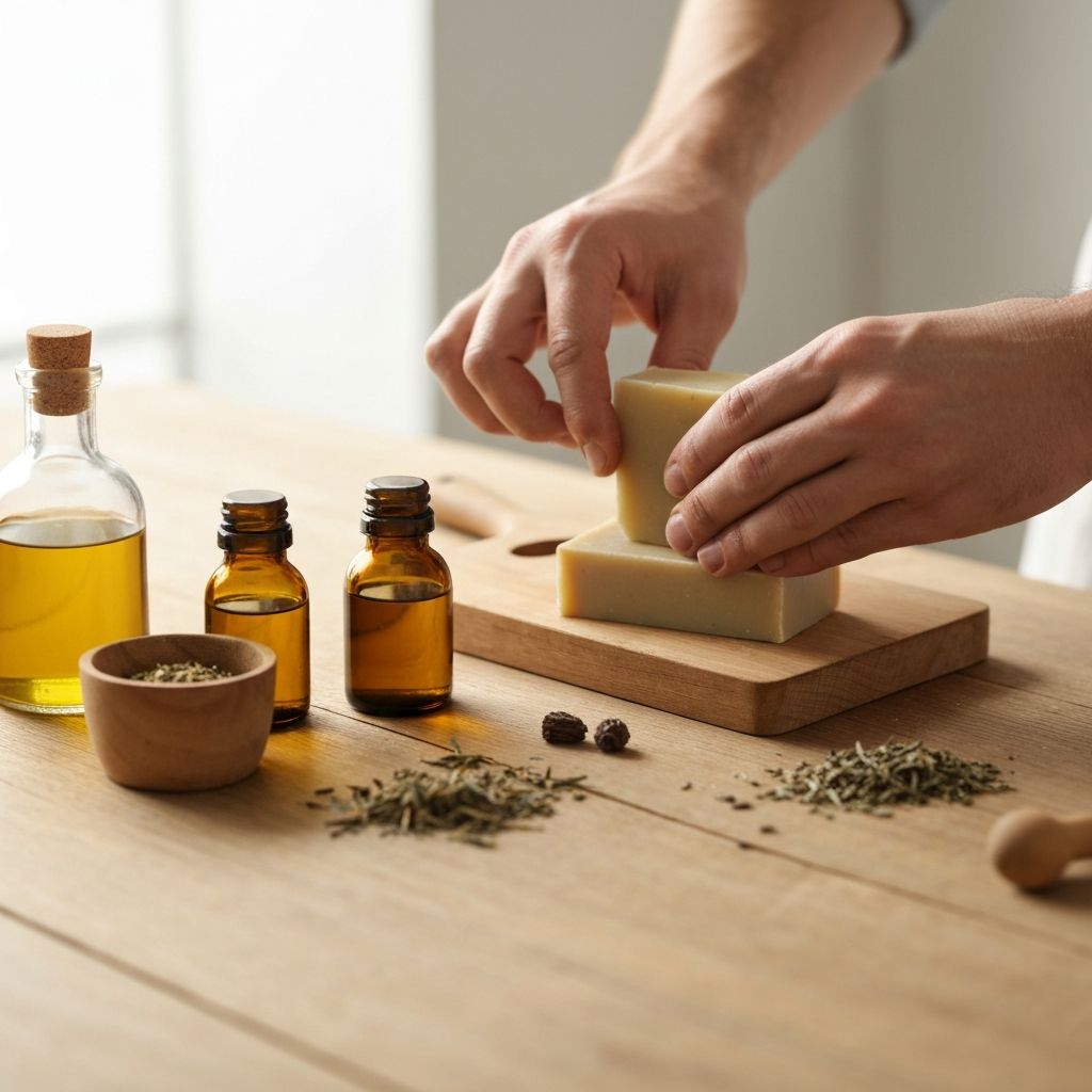 Güneş ışığı alan bir atölyede doğal sabun üreten zanaatkar