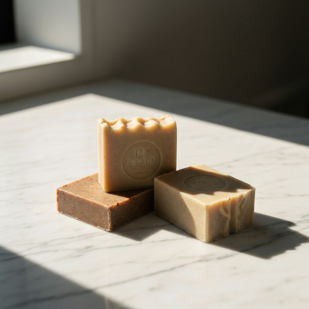 Mermer yüzey üzerinde kurutulmuş lavanta ve bitkilerle sergilenmiş el yapımı doğal sabun koleksiyonu